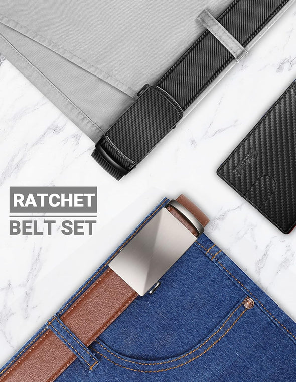 Ratchet Belt for Men - Mens Belt Leather 2 Packs with 1 3/8" Brown Black Belt in Gift Set Box - Micro Adjustable Belt