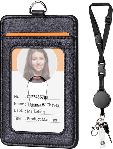 Leather Badge Holder and Adjustable Retractable Lanyards, Quick Release Buckle and Safety Breakaway Lanyards with Swivel Metal Clasp for Offices, Staff, Students, Employees