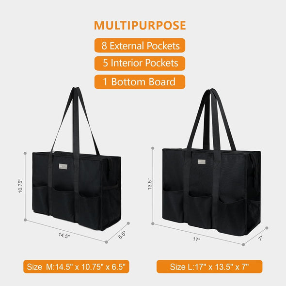 Utility Water Resistant Tote Bag with 13 Exterior & Interior Pockets, Top Zipper Closure & Thick Bottom Support