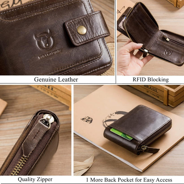 Genuine Leather Wallet for Men Large Capacity ID Window Card Case with Zip Coin Pocket QB-231 (Coffee)