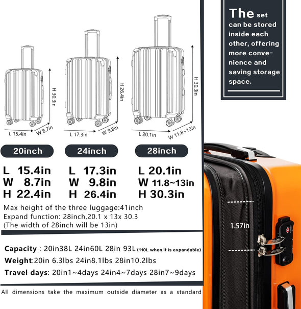 Luggage Expandable(Only 28") Suitcase PC+ABS Spinner 20In 24In 28In Carry on (White Grid New, S(20In)_Carry On)