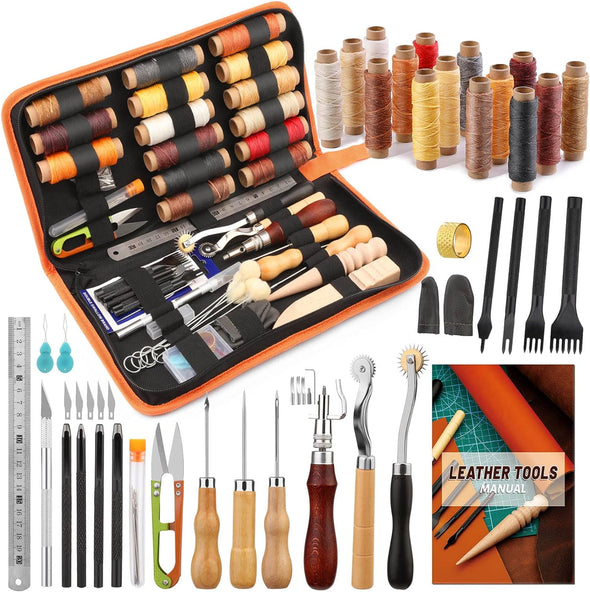 Leather Working Tools, Leather Tool Kit, Practical Leather Craft Kit with Waxed Thread Groover Awl Stitching Punch Hole for Leathercraft Beginner or Adults Gifts - Comes with Tool Manual