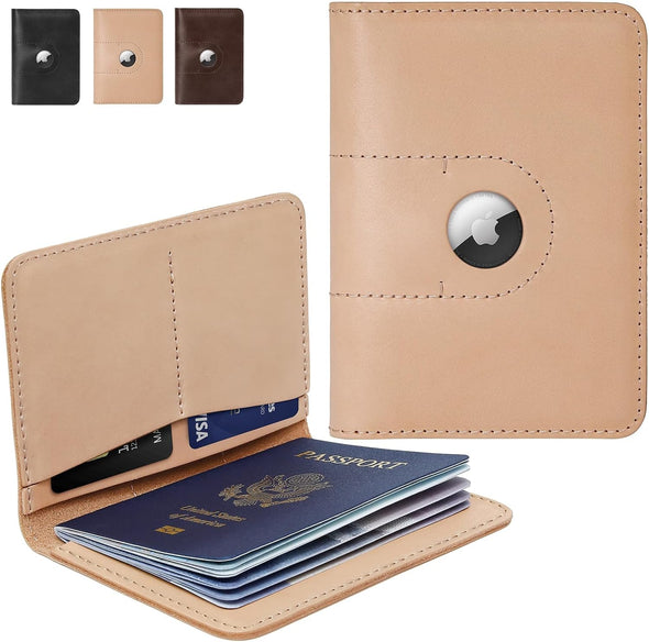 Genuine Leather Passport Holder Women Men, Passport Wallets with Airtag Slot, Travel Must Haves Airport Essentials, Passport Cover Case Travel Gifts(Beige)