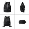 Black Drawstring Gym Bag for Men, Waterproof Drawstring Backpack for Women, Swim Bag with Shoes Compartment, Pull String Sport Bag for Soccer and Basketball.