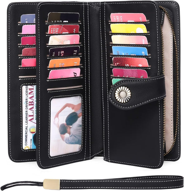 Women'S Wallet Genuine Leather RFID Blocking Large Capacity Trifold Ladies Wallet