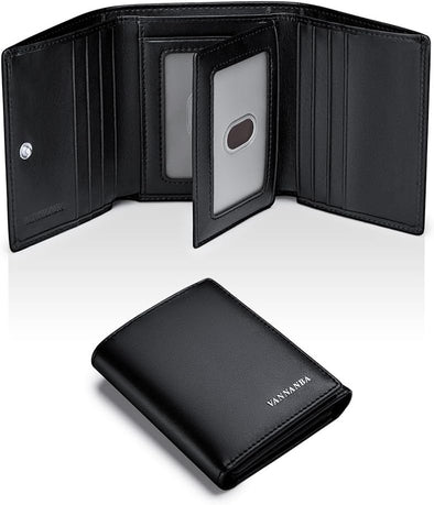 Men'S Leather Trifold Wallet with Folded ID Windows,12 Card Slots & 2 Note Pockets(Plain Black)