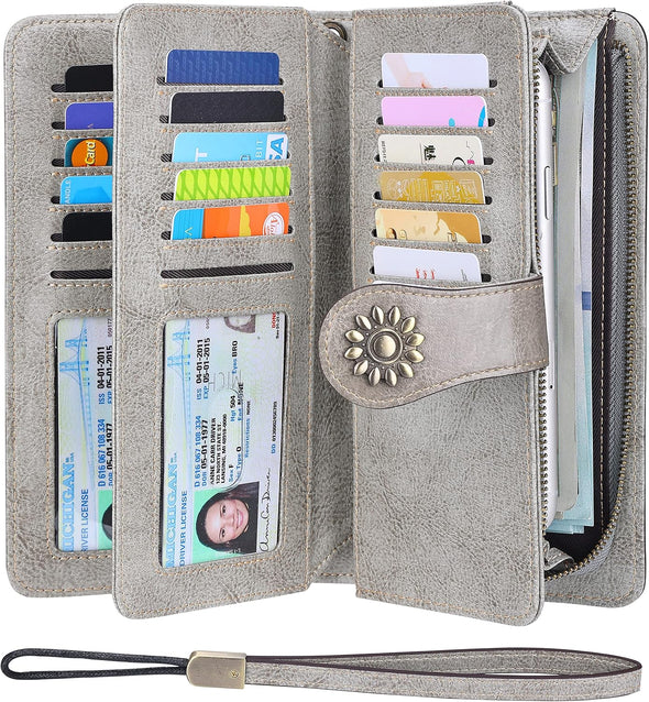 Womens Large Capacity Genuine Leather RFID Blocking Wallets Wristlet Clutch Card Holder