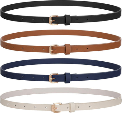 4 Pack Skinny Women Leather Belt for Dresses Thin Waist Belt for Jeans Pants with Gold Buckle