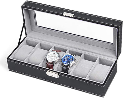 6 Slots Watch Box Organizer for Men, Black Watch Holder Stand Display Storage Case