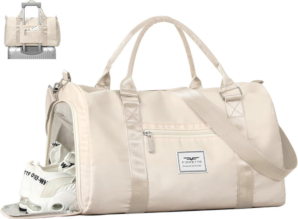 Womens Gym Tote Duffle Bag with Wet Pocket & Shoe Compartment, Sports Duffel Overnight Weekender Hospital Workout Carry on Bag for Girls, Ideal for Travel, Swimming, Dance, Ballet Beige