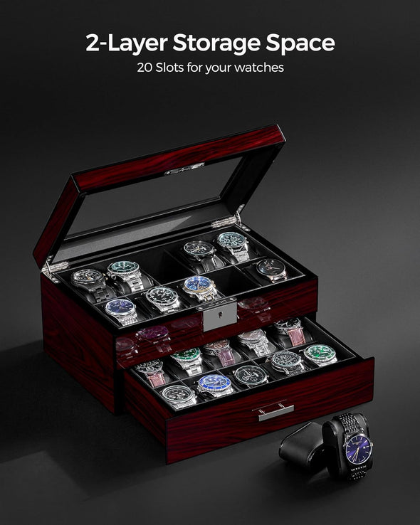 Watch Box 20 Slot Watch Cases for Men with Large Glass Lid 2-Tier Watch Display Case Lockable Wooden Watch Organizer Christmas Gift Luxurious Watch Holder for Women UJWB002Y