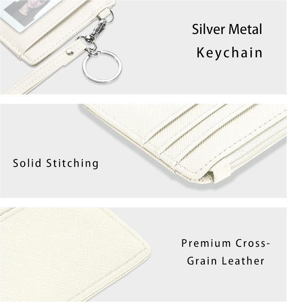 Credit Card Holder for Women Small Wallet RFID Leather Slim Wristlet Keychain Wallet with Zipper Pocket, ID Window (Beign)