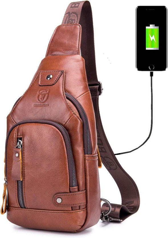 Genuine Leather Sling Bag with USB Charging Port Multi-Pocket Chest Bag for Men Hiking Travel Daypack XB-129