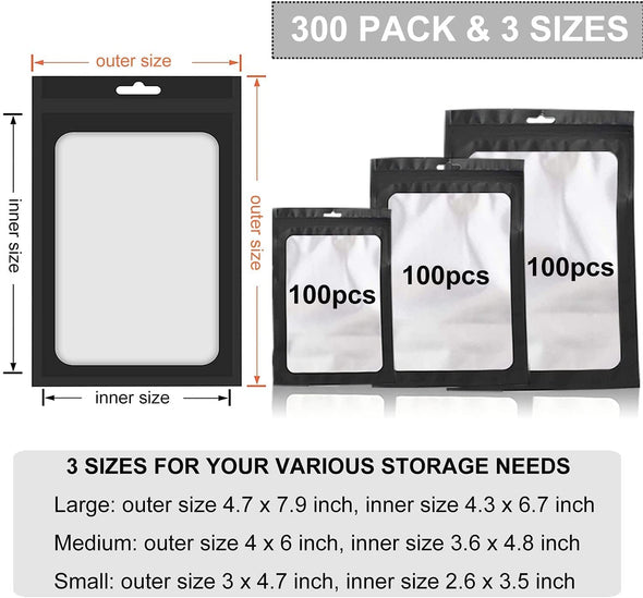 300 Pack 3 Sizes Resealable Mylar Bags Food Storage Smell Proof Bags with Front Window Packaging Pouch for Sample Snack Cookies Jewelry (Black, 3 X 4.7 Inch,4 X 6 Inch,4.7 X 7.9 Inch)