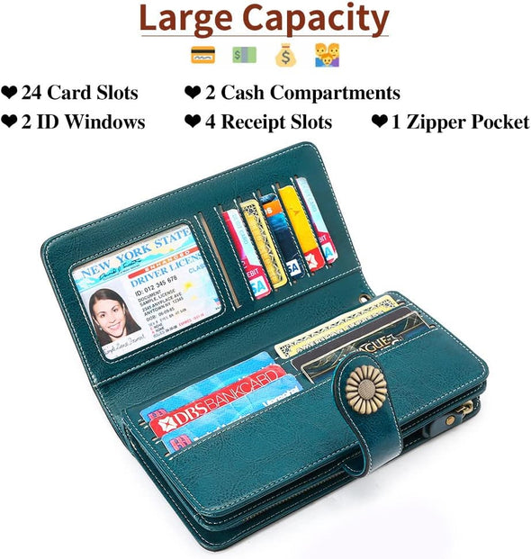 Wallets for Women Genuine Leather Credit Card Holder with RFID Blocking Large Capacity Wristlet