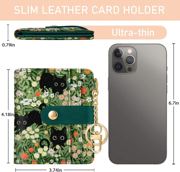 Black Cat Floral Rfid Women Wallet, Small Slim Thin Credit Card Wallet, PU Leather Bifold Cash Wallet, Zipper Coin Pocket & ID Window, Female Ladies Teen Girls Girly Wallet