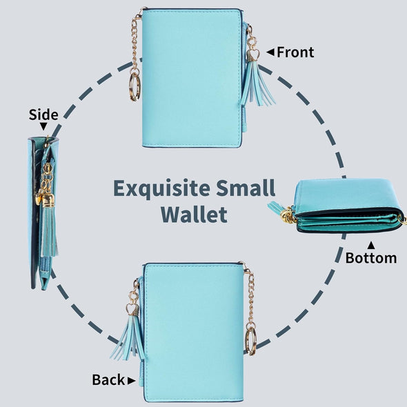 Small Wallet Women RFID Blocking Leather Credit Card Wallet with ID Window and Zippered Coin Pocket Tassel Cute Wallet