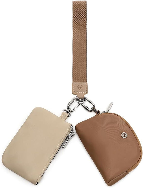 Mini Zip around Wristlet Wallet for Women Detachable Dual Pouch Wristlet Portable Coin Pocket Keychain Small Purse (Khaki+Brown)