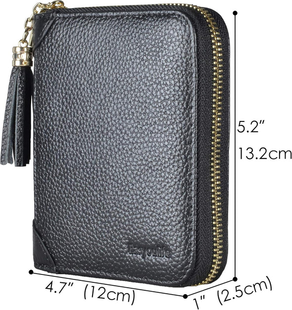 Womens Credit Card Holder Wallet Zip Leather Card Case RFID Blocking (Black)