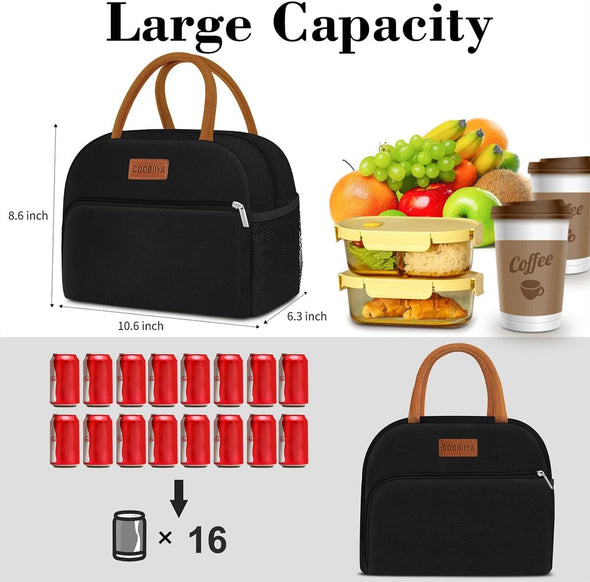 Lunch Box Lunch Bag for Women Adults Men, Reusable Cute Lunch Pail Bag - Leakproof, Insulated Lunch Box Tote with Large Capacity, Cooler Lunch Container for Work/Travel/Office (Black)