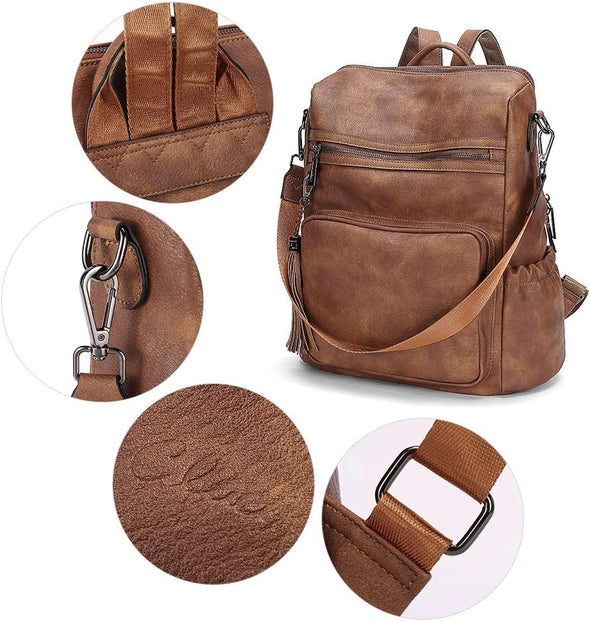 Backpack Purse for Women Large Womens Backpack Leather Travel Backpack Fashion Backpack Purse Designer Ladies Shoulder Bags with Tassel Two-Toned Brown