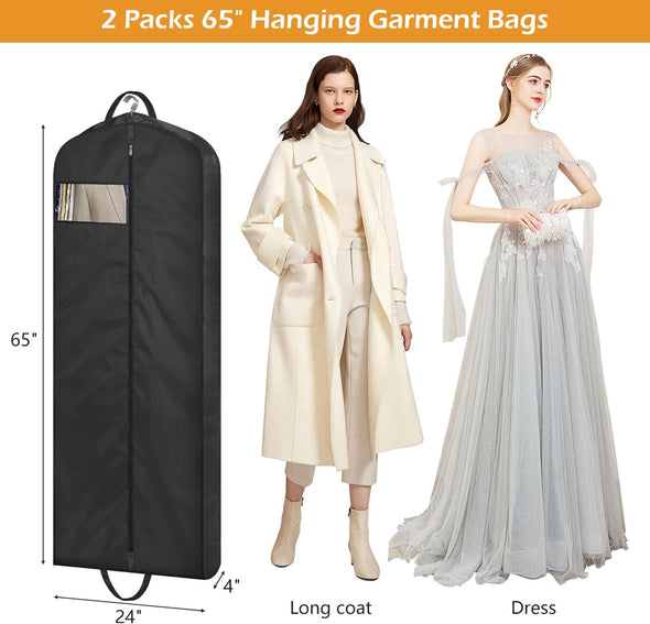 65" Long Garment Bags for Travel Dress Bags Wedding Dress Cover Waterproof Clothing Bags Storage Traveling Clothes Protector for Closet Wardrobe Bags 2 Packs for Gowns, Tuxedos, Coats, Black