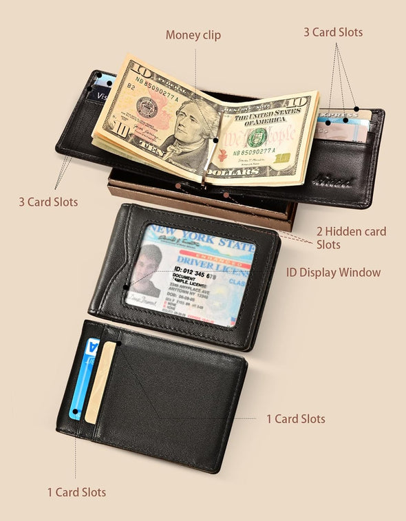 Slim Wallet with Money Clip RFID Blocking Minimalist Bifold Wallet for Men Genuine Leather Front Pocket Card Holder