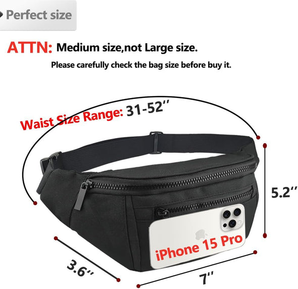 Fanny Pack for Men Women,Crossbody Waist Bag Pack,Belt Bag for Travel Walking Running Hiking Cycling,Easy Carry Any Phone,Wallet (Black)