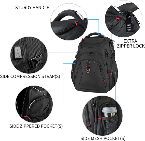 Travel Laptop Backpack 17.3 Inch XL Computer Backpack with Hard Shell Saferoom RFID Pockets Water-Repellent Business College Daypack Stylish Bag for Men/Women-Black