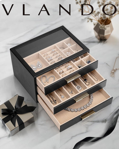 Jewelry Box for Women, Glass Lid Jewelry Organizer with 3 Drawers for Necklaces Rings Earrings Bracelets - Black