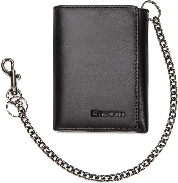 Mens Wallet with Chain, Genuine Leather Trifold Wallet RFID Blocking Anti-Theft Chain for Biker, Motorcycle(Black)