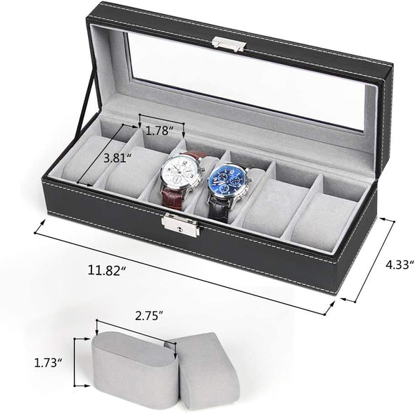 6 Slots Watch Box Organizer for Men, Black Watch Holder Stand Display Storage Case