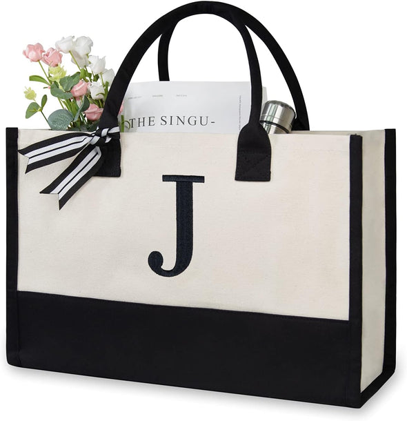 Personalized Initial Canvas Beach Bag, Monogrammed Gift Tote Bag for Women