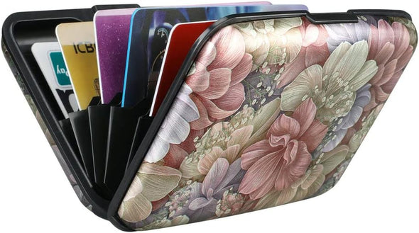 Mini RFID Aluminum Wallet Credit Cards Holder Business Card Case Metal ID Case for Men Women（Happy Flower