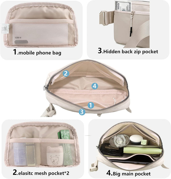 Fanny Belt Bag Waist Pack Crossbody Bags Bum Bag for Running Hiking Travel Workout Adjustable Strap for Women -Beige