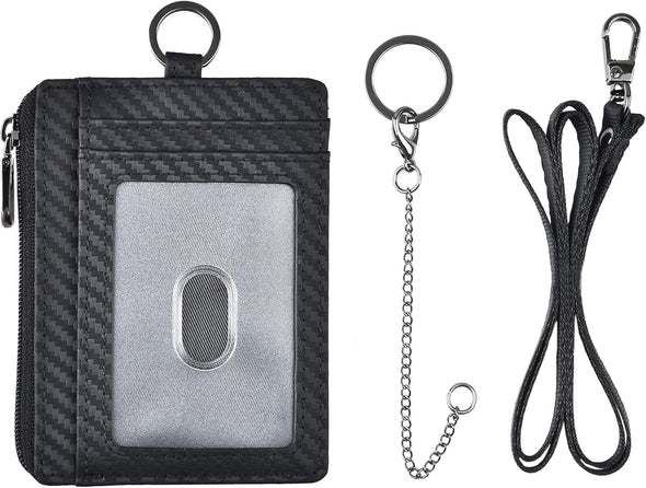 Slim Minimalist Zipper Credit Card Holder Leather Front Pocket Wallet with Keychain Ring Lanyard Strap