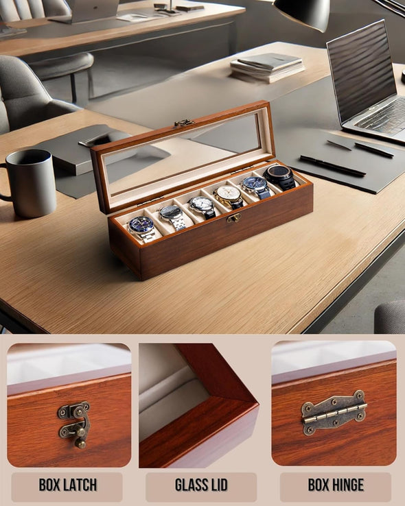 Watch Box, Watch Case for Men Women with Large Glass Lid, Wooden Watch Display Storage Box with 6 - Slots, Walnut Mens Watch Box Organizer