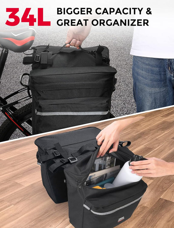 Bike Bag Accessories Panniers for Bicycle Rear Rack Bag Upgraded 34L Capacity Storage Saddle Bag Water Resistant Mountain Road Electric Bike Trunk 6 Inches Bike Rack Black