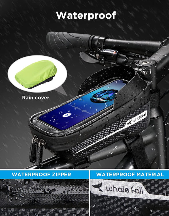 Newest Hard Casing Bike Bag, Bike Accessories, Never Deform/Waterproof, Bike Phone Holder Bike Phone Mount with 0.25Mm Sensitive TPU Touch-Screen, with Rain Cover for Phones under 6.9''