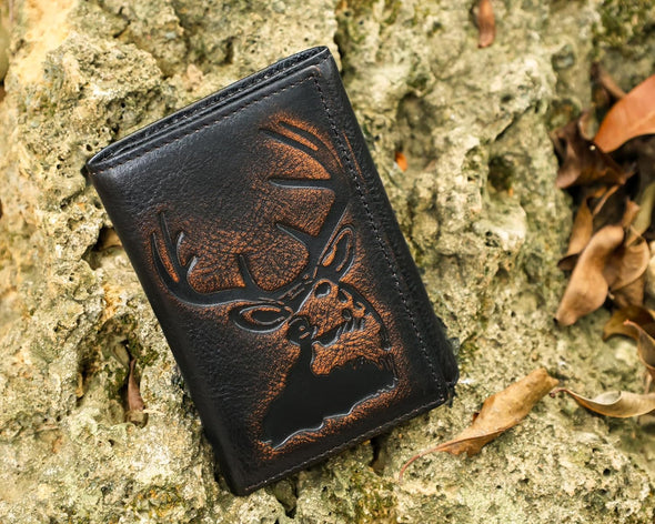 Deer Trifold Wallets for Men Full Grain Leather with Hand Burnished Tri-Fold Wallet RFID Blocking (Black and Brown)