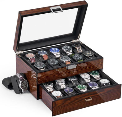 Watch Box, 20 Slots Watch Case for Men - Luxury Watch Organizer with Glass Top,Smooth Faux Leather Interior, Brown SSH04Y