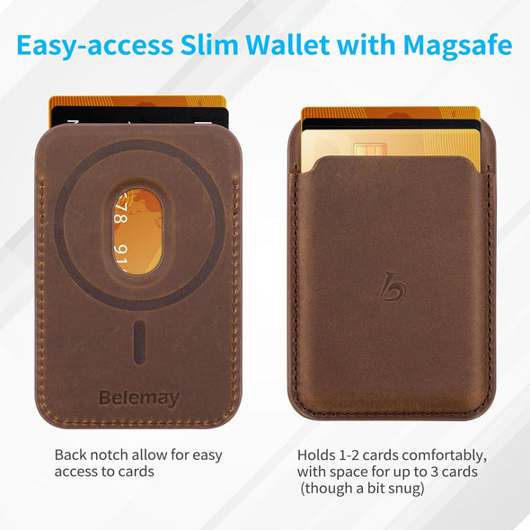 Strong Magnetic Wallet Compatible with Magsafe, Minimal Card Holder for 1-2 Cards, Premium Crazy Horse Leather Superb Grip Compatible with Iphone 16/15/14/13/12 Series and Magsafe Cases, Brown