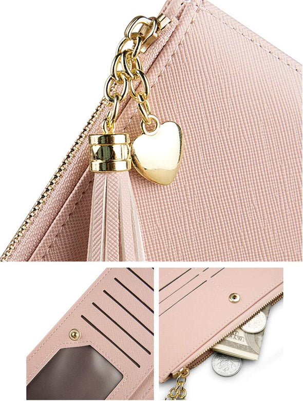 Womens Wallet Cute Elegant Long Slim Card Holder Case Minimalist Coin Purse Thin Tassels Zip Clutch Wallets for Girls Ladies