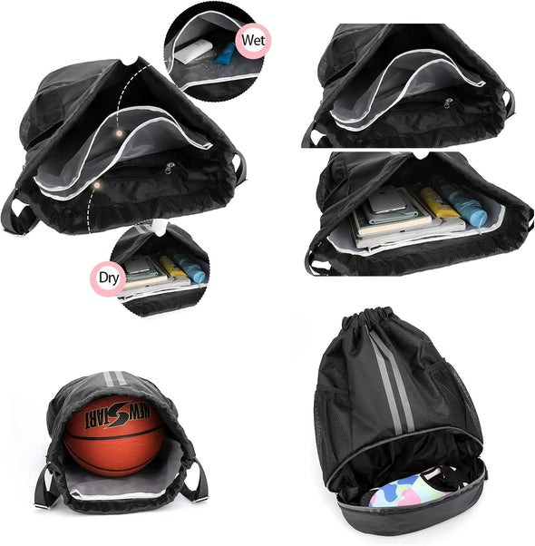 Black Drawstring Gym Bag for Men, Waterproof Drawstring Backpack for Women, Swim Bag with Shoes Compartment, Pull String Sport Bag for Soccer and Basketball.