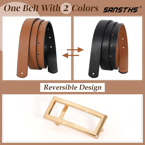 Skinny Reversible Belts for Women, Two-In-One Women Thin Belt for Dresses Jeans Pants with Gold Buckle