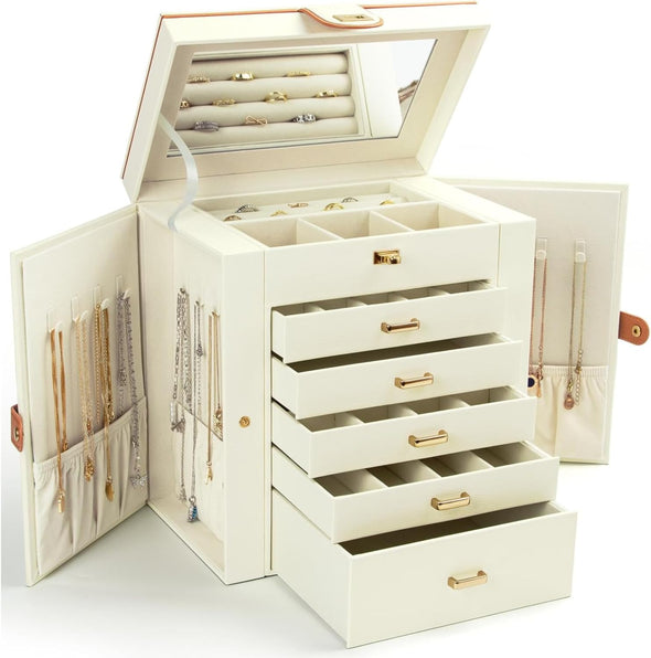 Jewelry Box for Women, 6-Layer Large Jewelry Holder Organizer Box with Mirror & 5 Drawers for Rings, Earrings, Necklaces, Bracelets,White