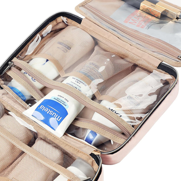 Travel Toiletry Bag for Women, Portable Hanging Organizer for Travel-Sized Shampoo, Conditioner, Brushes Set, Makeup Accessories, Medium Size, Pink