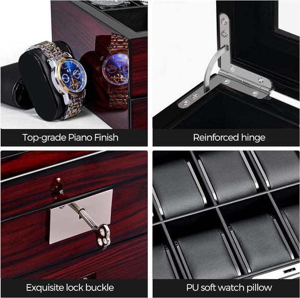 Watch Box 20 Slot Watch Cases for Men with Large Glass Lid 2-Tier Watch Display Case Lockable Wooden Watch Organizer Christmas Gift Luxurious Watch Holder for Women UJWB002Y