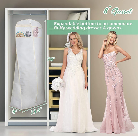 70" Bridal Wedding Gown Dress Garment Bag with Accessories Pouch Large Travel Garment Cover 8" Gusset (White)