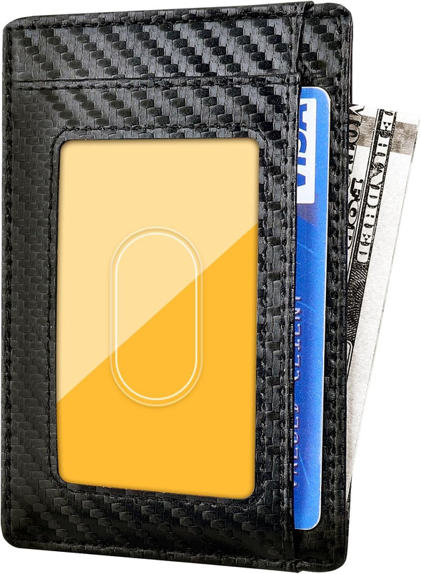 Front Pocket Minimalist Leather Slim Wallet RFID Blocking Carbon Fiber Texture